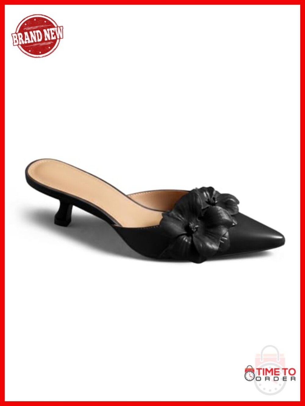 Kitten Heel Mules Low Heel Closed Pointed Toe Flower Slip On Party Pump